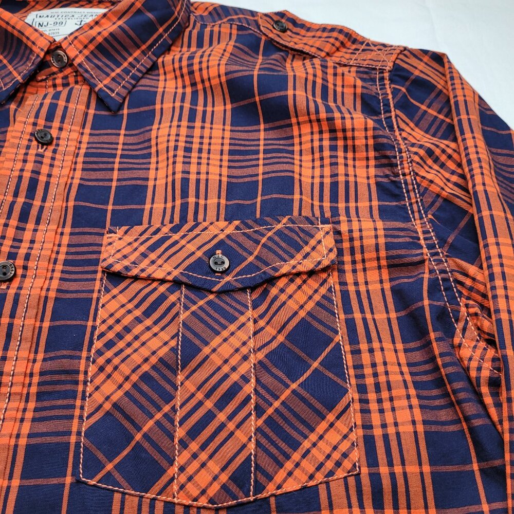 Nautica Jeans Co. Mens Plaid Flannel Button Down Shirt Medium Orange Navy NEW - Picture 4 of 10